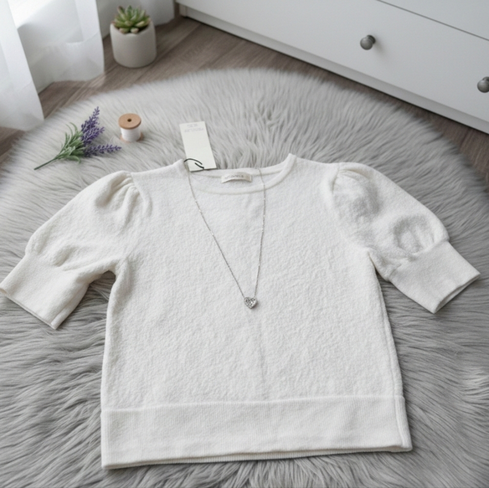 RACHEL ZOE Size M Cream 100% Extrafine Merino Wool Puff Sleeve Knit Sweater NWT